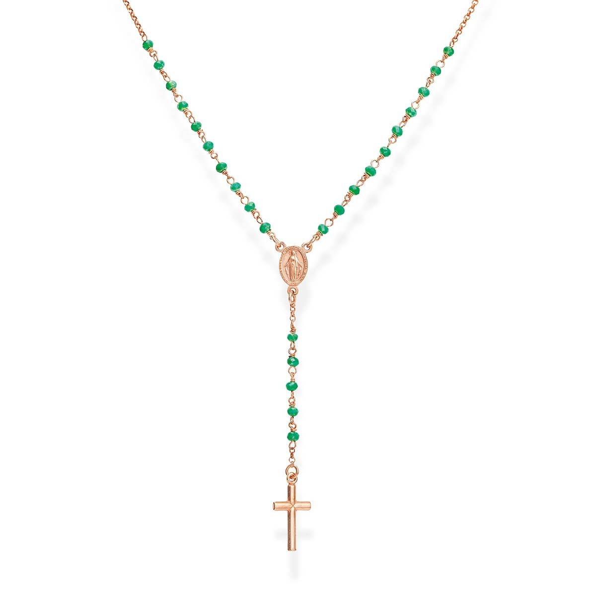 Collana Amen Rosario a Y rosè pietre verdi